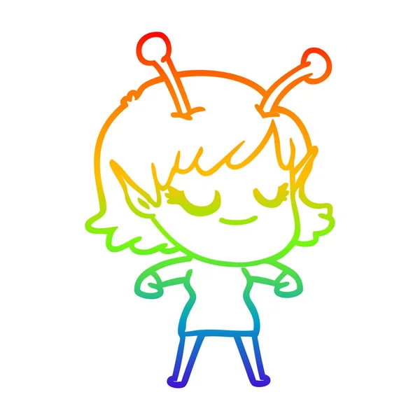 虹のグラデーションライン描画笑顔外国人の女の子の漫画 — ストックベクタ