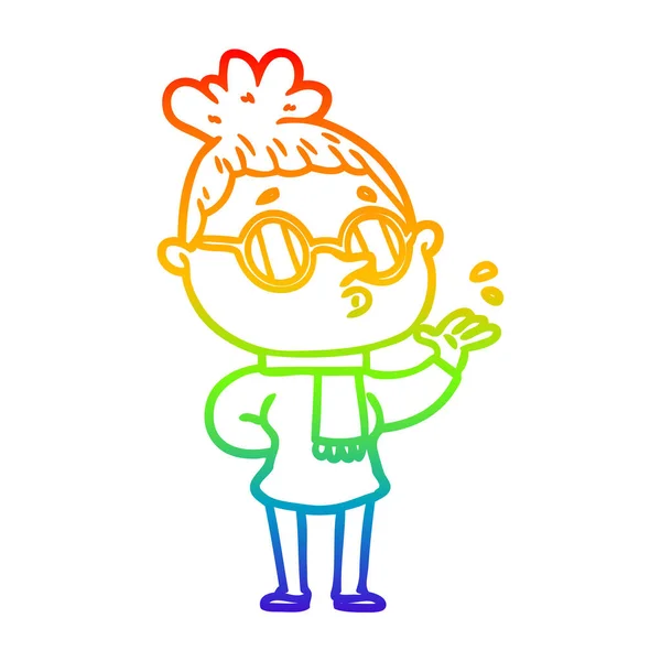 Rainbow gradient linje ritning tecknad kvinna som bär glasögon — Stock vektor