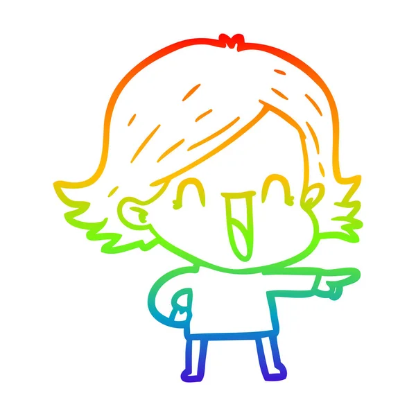 虹のグラデーションライン描画漫画笑い女性 — ストックベクタ