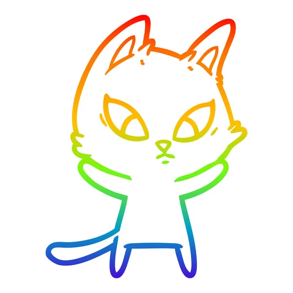 Rainbow gradient line drawing confused cartoon cat — Stock Vector