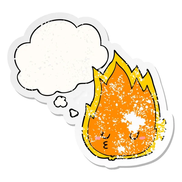 Sevimli karikatür yangın ve sıkıntılı yıpranmış sticke olarak kabarcık düşünce — Stok Vektör