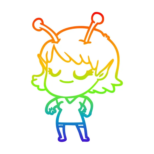 Regenbogen-Gradienten-Linie Zeichnung lächelnde Alien-Mädchen Karikatur — Stockvektor