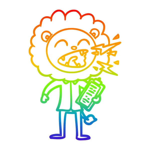 Rainbow gradient line drawing cartoon roaring lion doctor — Stock Vector