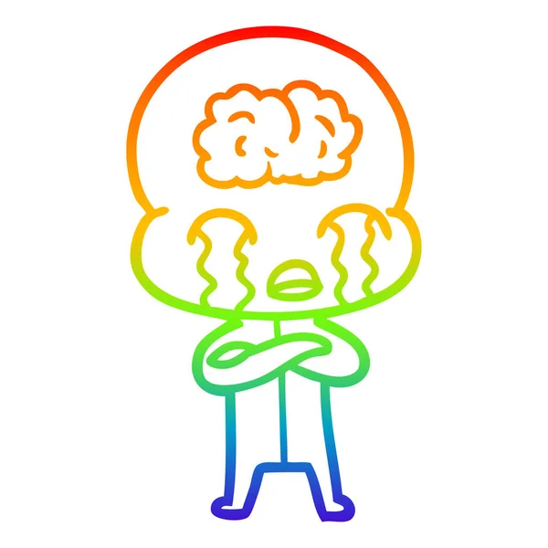 Arco-íris linha gradiente desenho cartoon grande cérebro alienígena chorando — Vetor de Stock