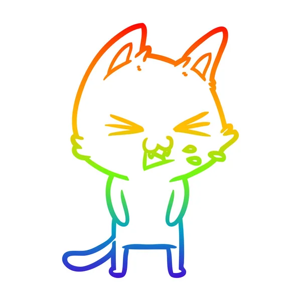 Rainbow gradient line drawing cartoon cat hissing — Stock Vector