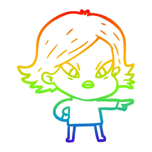 Regenboog gradiënt lijntekening cartoon beklemtoonde vrouw — Stockvector