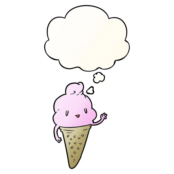Bonito desenho animado sorvete e pensamento bolha no gradiente suave sty — Vetor de Stock