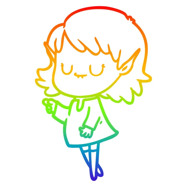 Rainbow gradient line drawing happy cartoon elf girl — Stock Vector