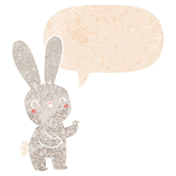 Lindo conejo de dibujos animados y burbuja del habla en estilo texturizado retro — Vector de stock