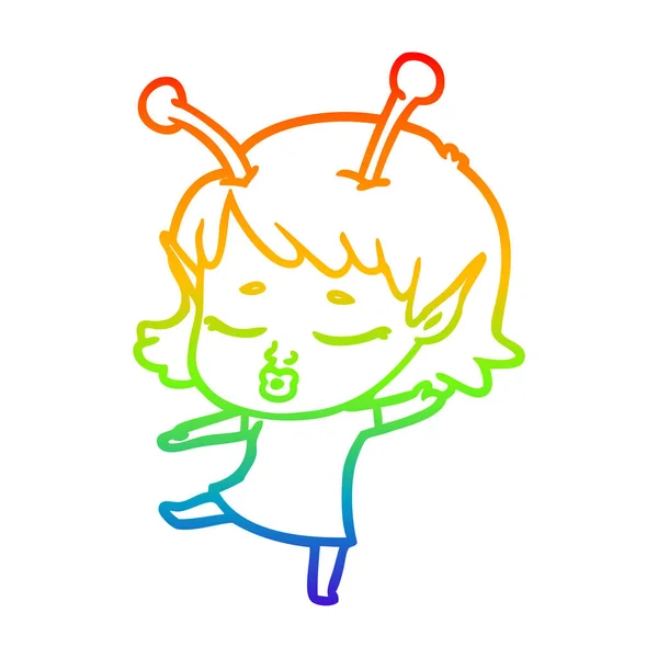 Linea gradiente arcobaleno disegno carino ragazza aliena cartone animato — Vettoriale Stock