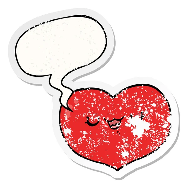 Cartoon love heart and speech bubble distressed sticker — Stock Vector