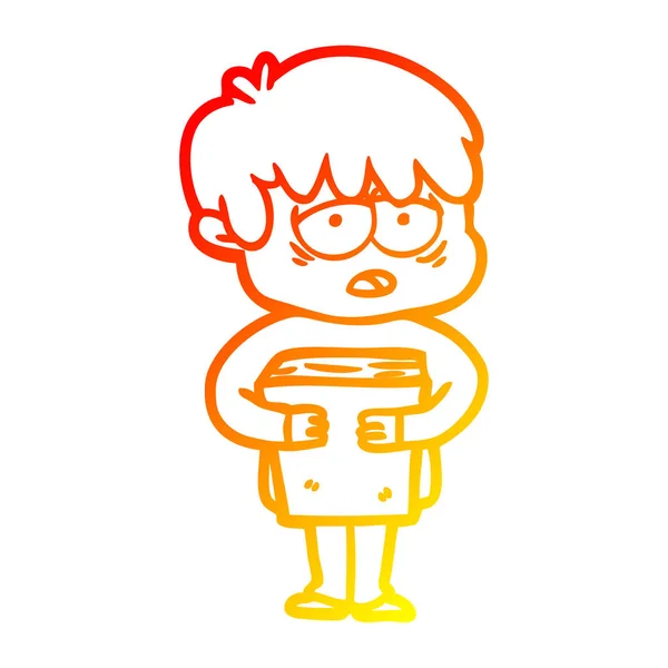 Sıcak degrade çizgi çizim karikatür çocuk tutan kitap yorgun — Stok Vektör