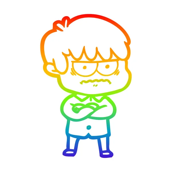 Rainbow gradient line drawing annoyed cartoon boy — Stock Vector