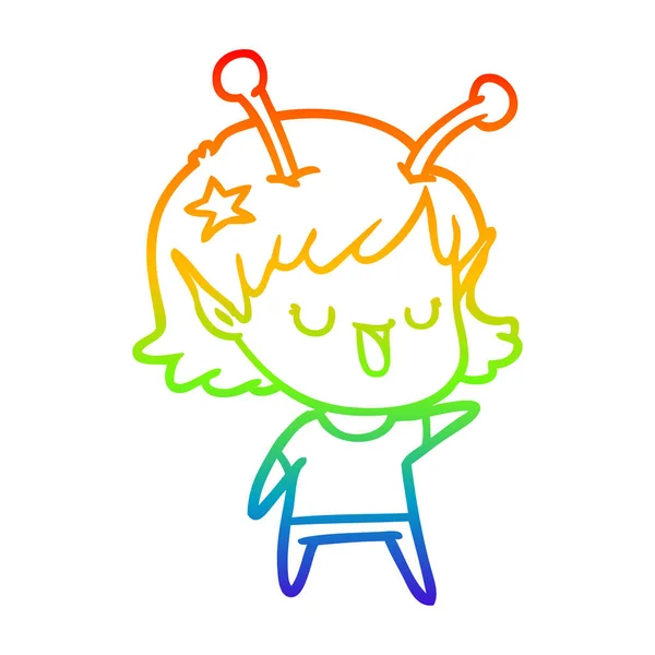Arco-íris linha gradiente desenho feliz alienígena menina desenhos animados —  Vetores de Stock