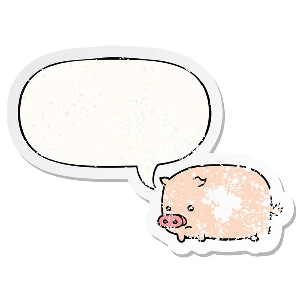 Mignon dessin animé cochon et parole bulle affligé autocollant — Image vectorielle