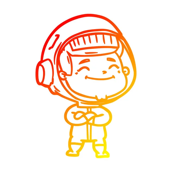 Línea de gradiente caliente dibujo feliz astronauta de dibujos animados — Vector de stock