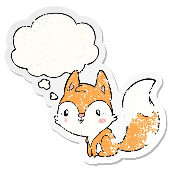 Cartoon Fox en gedachte Bubble als een verdrietig versleten sticker — Stockvector