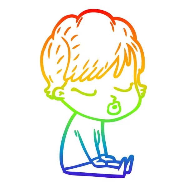 Rainbow gradient line drawing cartoon woman with eyes shut — Stock Vector