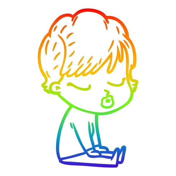 Rainbow Gradient Line Zeichnung Cartoon Frau mit geschlossenen Augen — Stockvektor