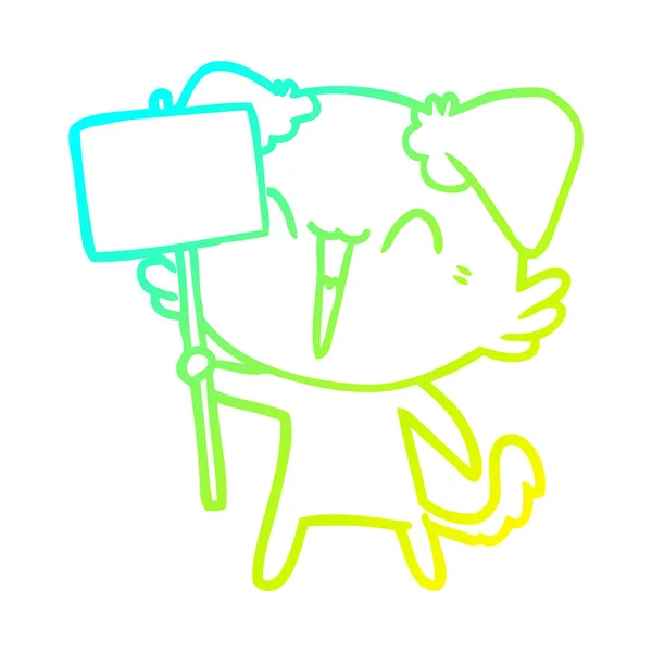 Línea de gradiente frío dibujo feliz pequeña caricatura perro sosteniendo signo — Vector de stock