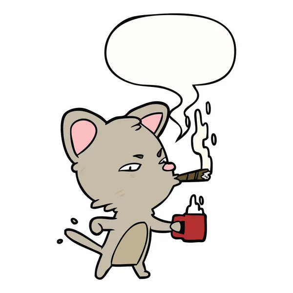 Dessin animé sérieux chat d'affaires et café et cigare et ampoule de parole — Image vectorielle