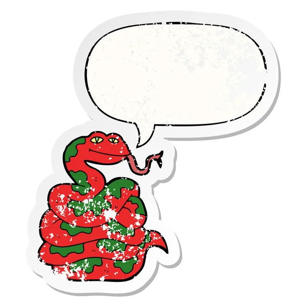 Cartoon Snake en toespraak bubble noodlijdende sticker — Stockvector