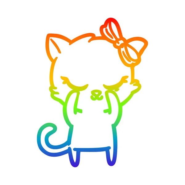 Rainbow gradient line drawing cute cartoon cat with bow — Stock Vector