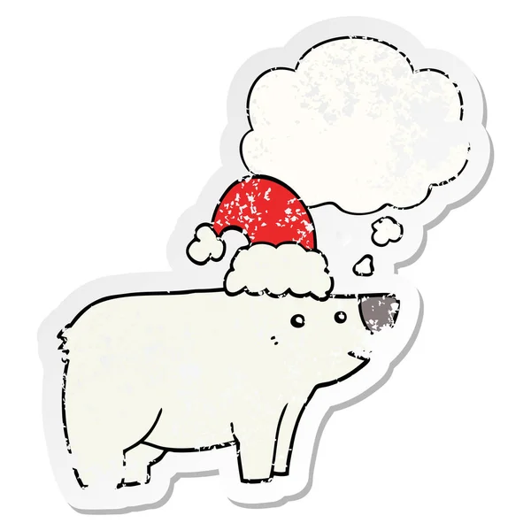 Ours de dessin animé portant un chapeau de Noël et bulle de pensée comme un distr — Image vectorielle