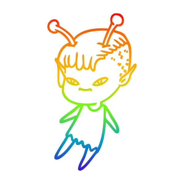 Rainbow gradient line drawing cute cartoon alien girl — Stock Vector