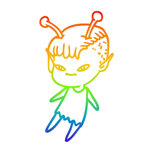 Rainbow gradient ligne dessin mignon dessin animé alien fille — Image vectorielle