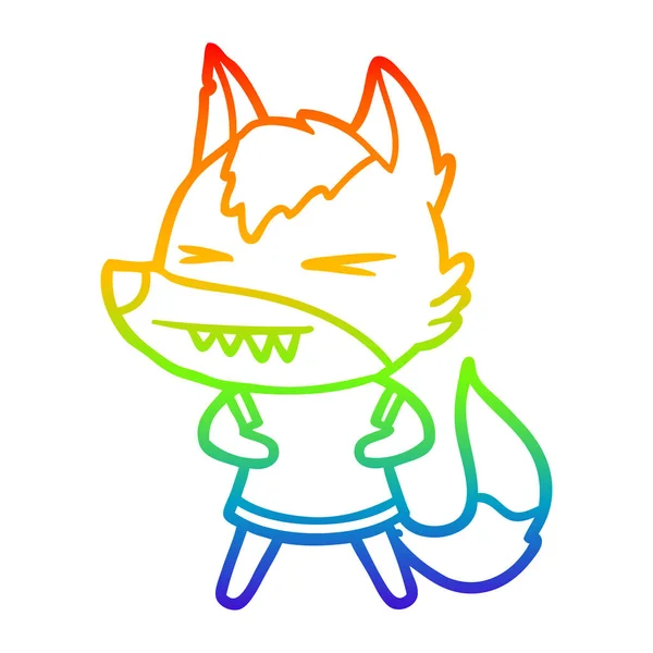 Linha gradiente arco-íris desenhando desenhos animados lobo irritado —  Vetores de Stock