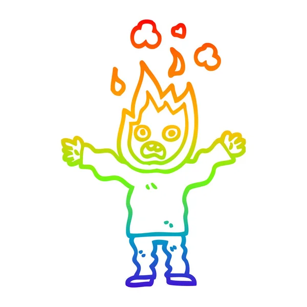 Rainbow gradient line drawing cartoon man with head on fire — Stock Vector