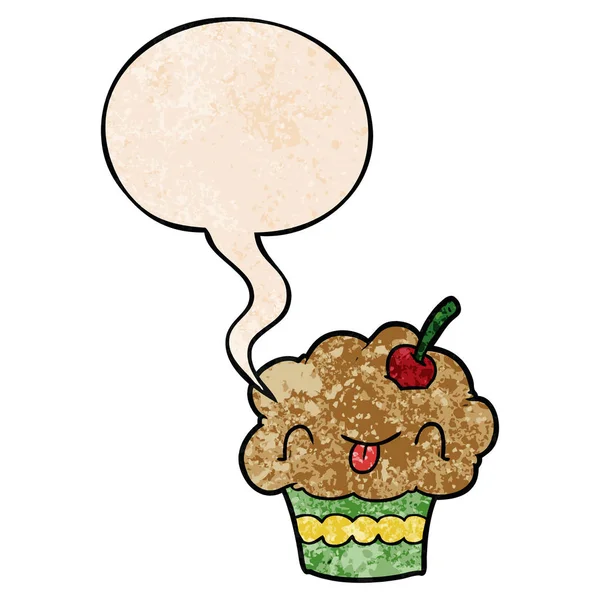 Grappige cartoon cupcake en toespraak bubble in retro textuur stijl — Stockvector