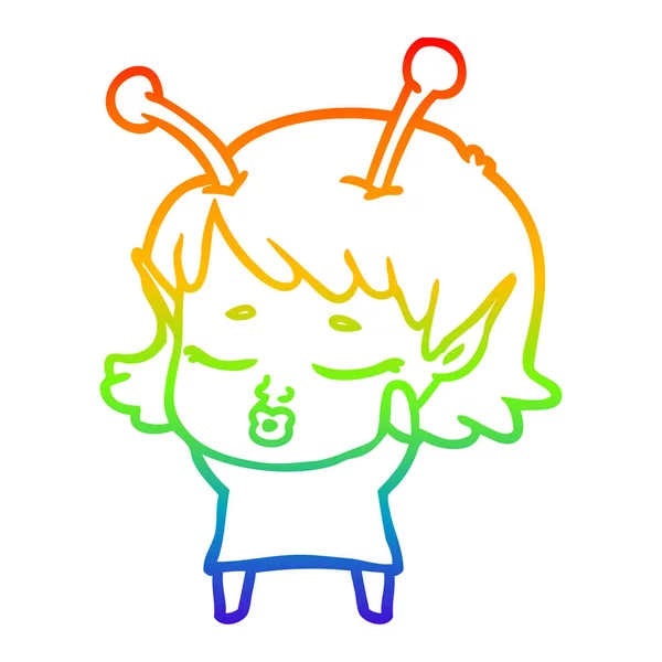 Rainbow gradient ligne dessin mignon alien fille dessin animé — Image vectorielle