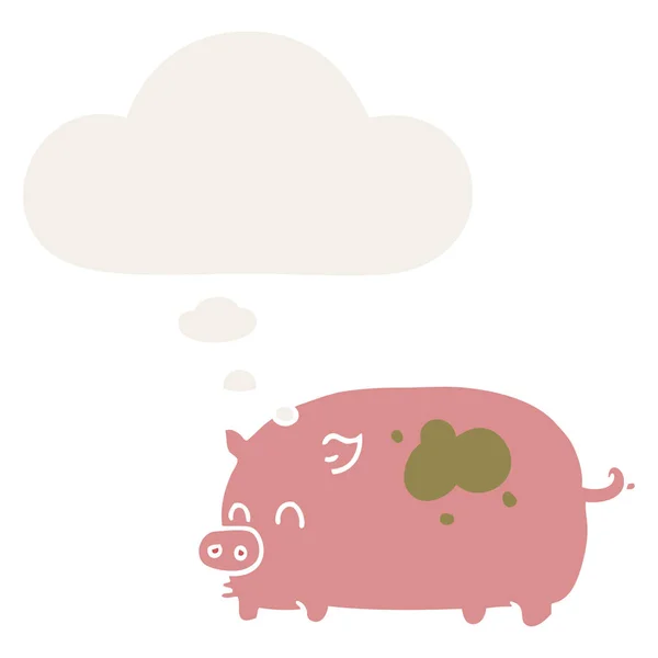 Słodkie kreskówka świnia i myśl bańka w stylu retro — Wektor stockowy