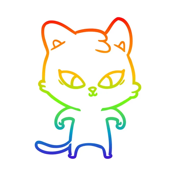 Rainbow gradient linje ritning söt tecknad katt — Stock vektor