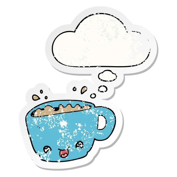 Cartoon cup of coffee and thought bubble as a distressed worn st — Stock Vector