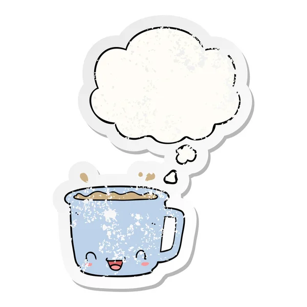 Tasse de café dessin animé et bulle de pensée comme un st usé en détresse — Image vectorielle