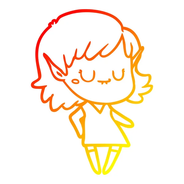 Línea de gradiente caliente dibujo dibujos animados feliz elfo chica usando vestido — Vector de stock