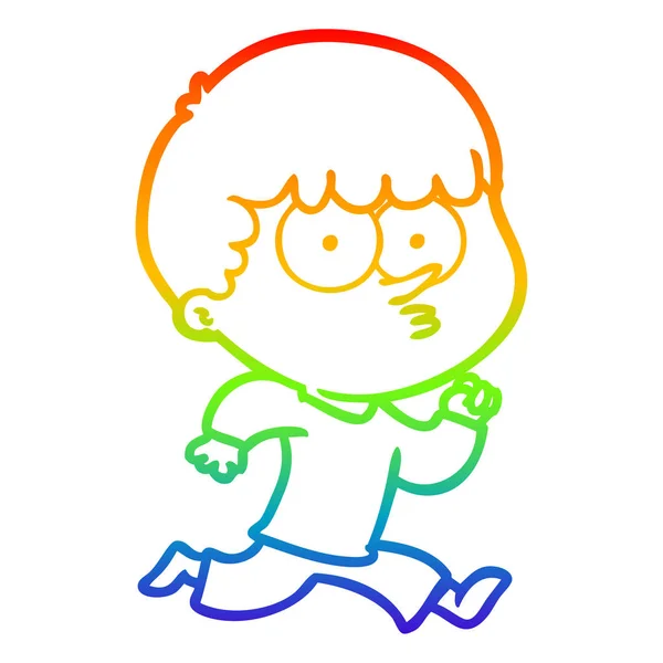 虹のグラデーションライン描画漫画好奇心旺盛な少年が走っている — ストックベクタ