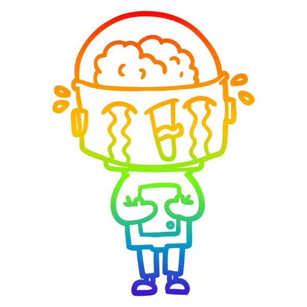 Rainbow gradient line drawing cartoon crying robot — Stock Vector