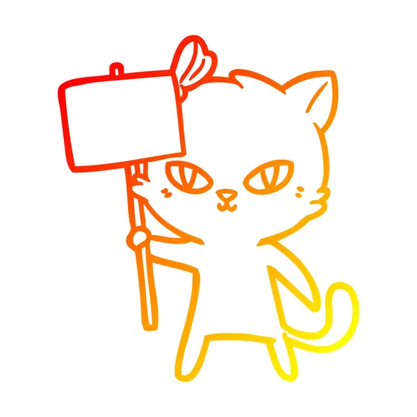 Warme kleurovergang lijntekening cute cartoon kat met protest teken — Stockvector
