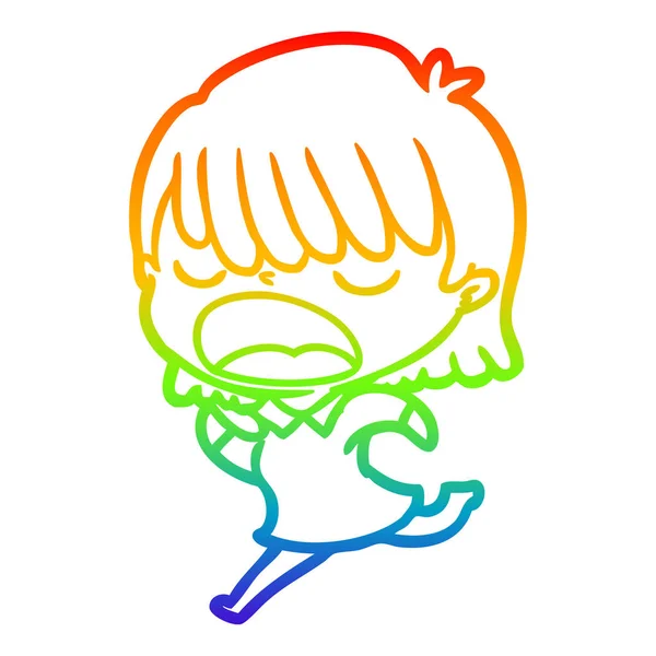 Regenboog gradiënt lijntekening cartoon vrouw praten luid — Stockvector