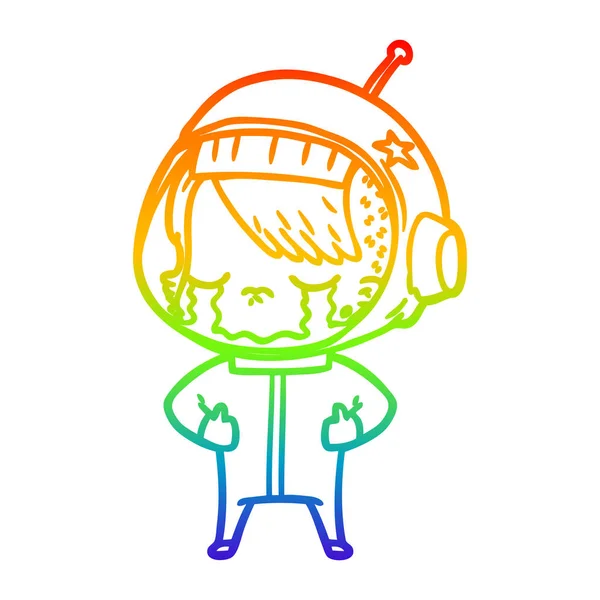 Rainbow gradient line drawing cartoon crying astronaut girl — Stock Vector