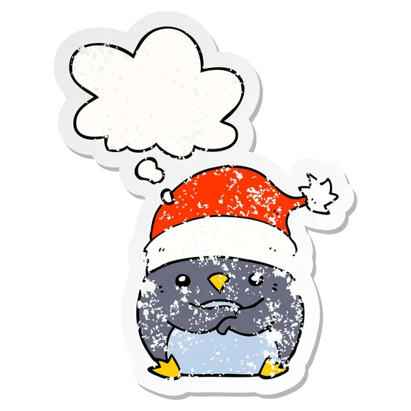 귀여운 만화 펭귄 크리스마스 모자를 입고 거품을 생각 으로 — 스톡 벡터