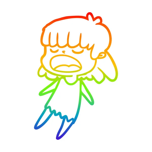 Regenboog gradiënt lijntekening cartoon vrouw praten luid — Stockvector