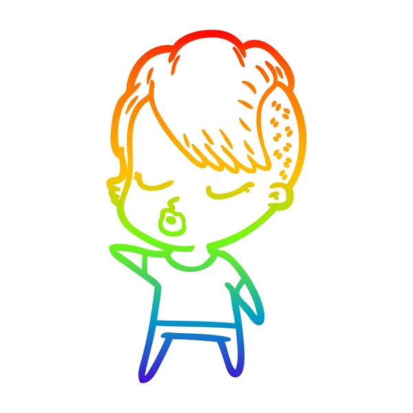 Regenboog kleurovergang lijntekening cartoon mooie hipster meisje — Stockvector