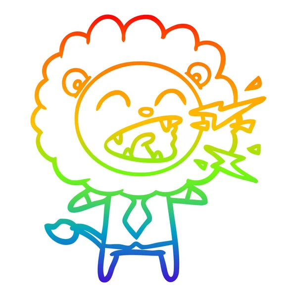 Arco iris gradiente línea dibujo dibujos animados rugiente león hombre de negocios — Vector de stock