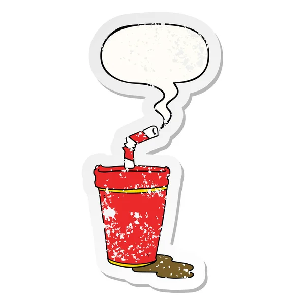 Tasse de soda dessin animé et bulle de parole autocollant affligé — Image vectorielle