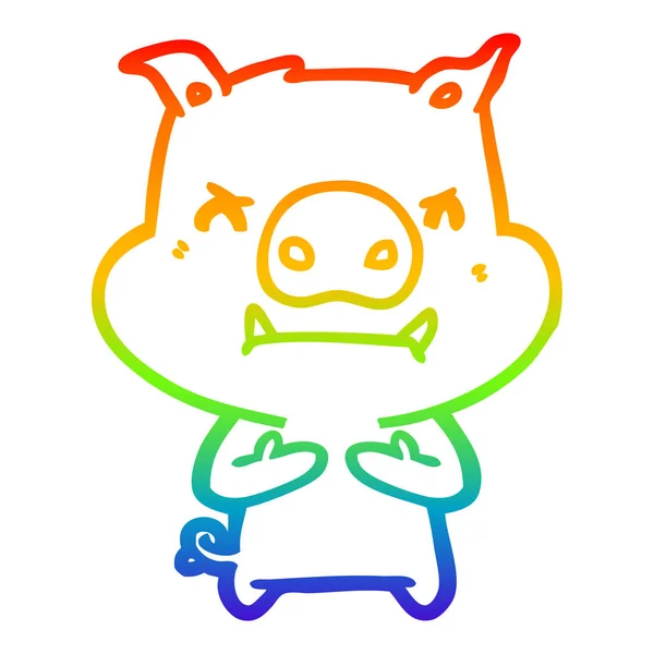 Rainbow gradient line drawing angry cartoon pig — Stock Vector
